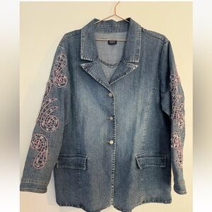 Vintage Plus Sz 1X Denim Jacket Pink Embroidery Sleeves  women’s blazer style